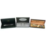 Parker and Cross ballpoint and propelling pencil sets with boxes and a Sheaffer fountain pen with