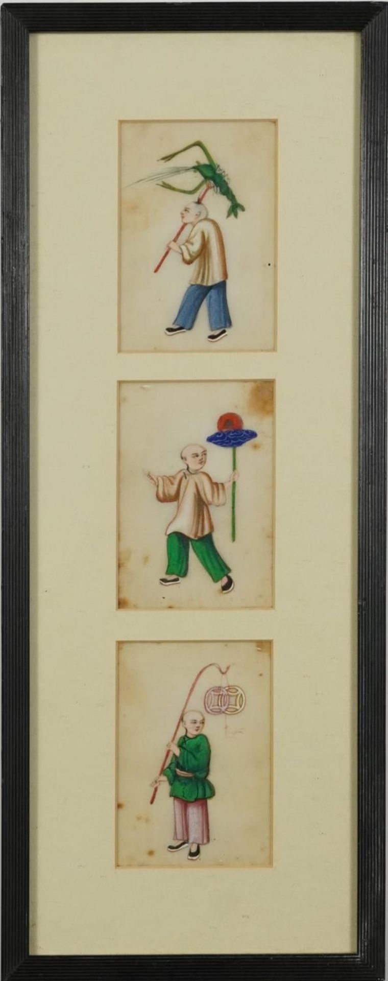 Children playing, set of six Chinese pith paper paintings, mounted, framed and glazed as two, each - Image 3 of 7