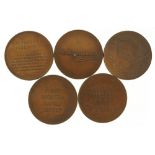 Five Russian bronze medals with various portraits, each 2.5cm in diameter : For further