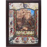 Arts & Crafts Pre Raphaelite leaded stained glass panel hand painted with Joan of Arc, housed in