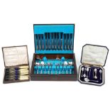 Silver plated and stainless steel cutlery including a Comitti canteen and two cased sets, the