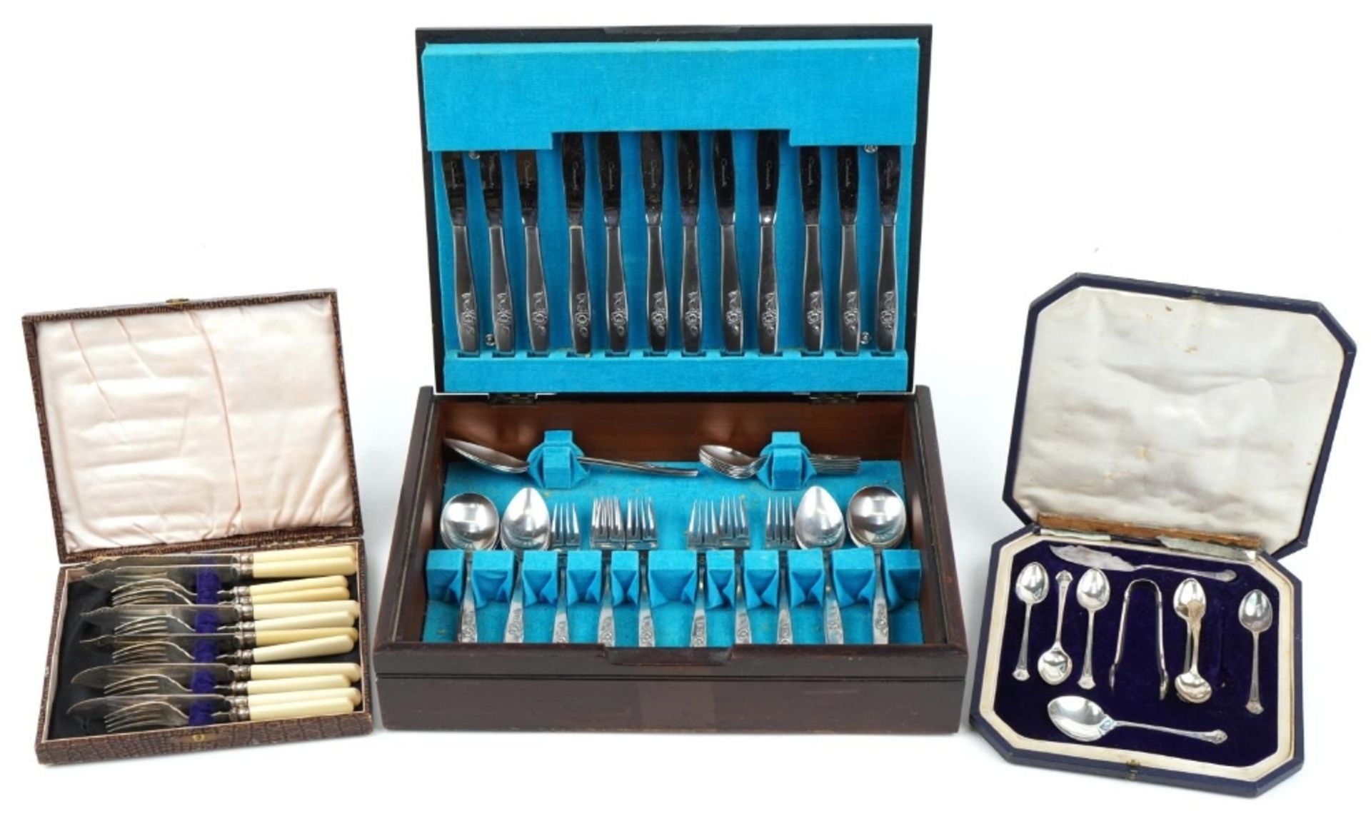 Silver plated and stainless steel cutlery including a Comitti canteen and two cased sets, the