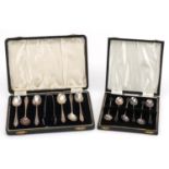 Set of six silver teaspoons and matching sugar tongs and a set of six silver coffee bean spoons,
