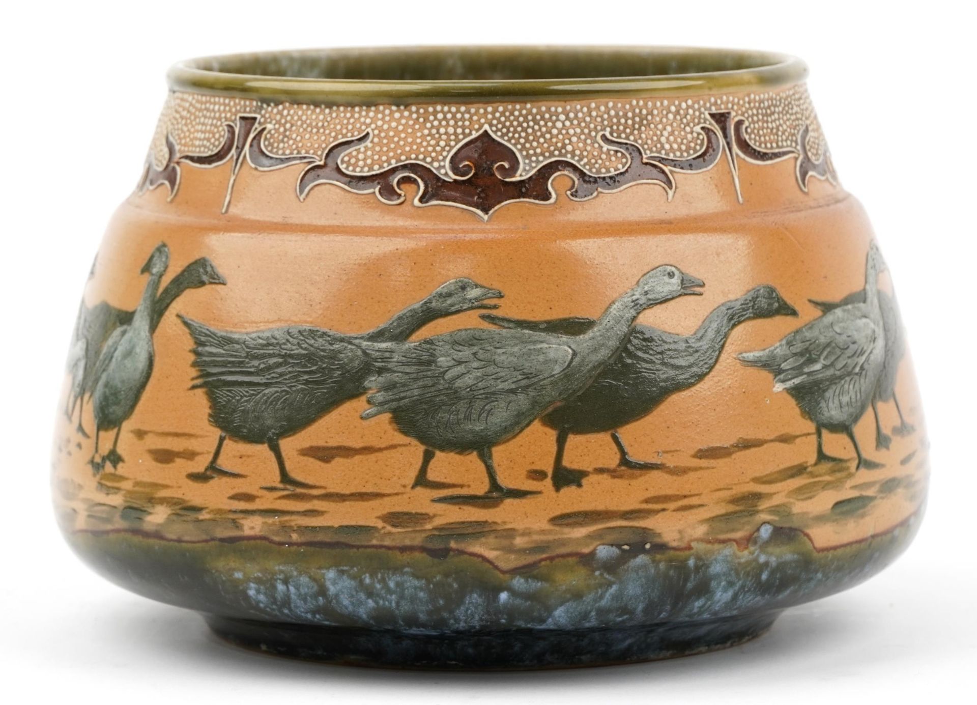 Florence Barlow for Royal Doulton, Art Nouveau stoneware pot decorated in low relief with a - Image 2 of 4