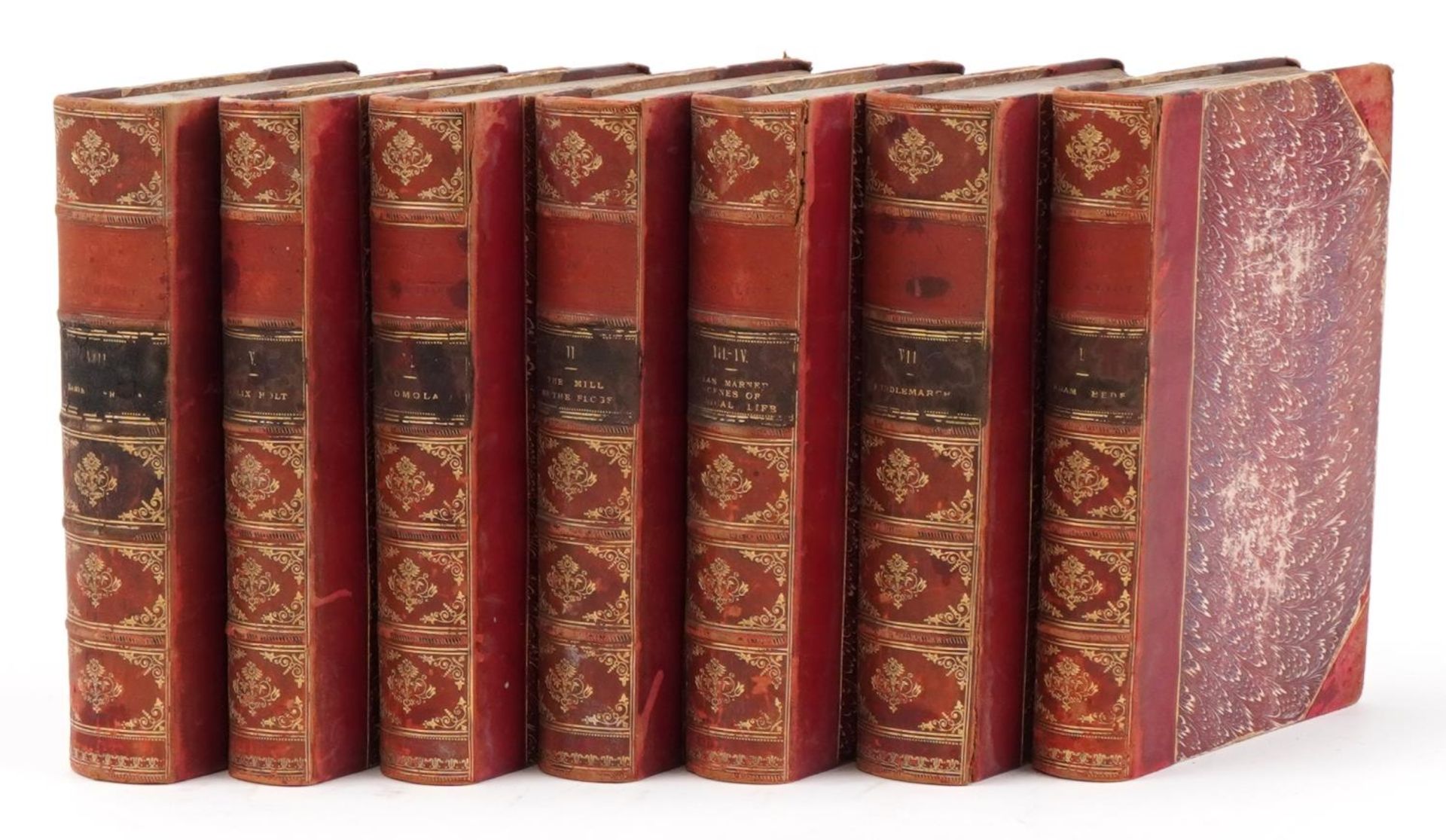 The Novels of George Eliot, set of seven 19th century leather bound hardback books including Adam