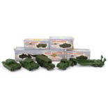 Four vintage Dinky Supertoys diecast army vehicles with boxes comprising numbers 651, 651, 660 and