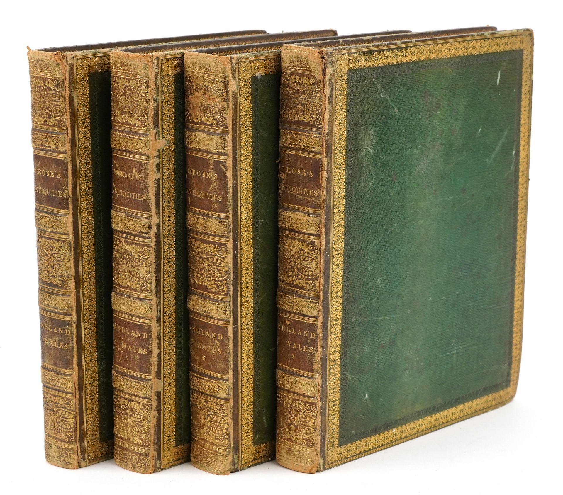 Set of four leather bound 18th century hardback books comprising The Antiques of England and Wales