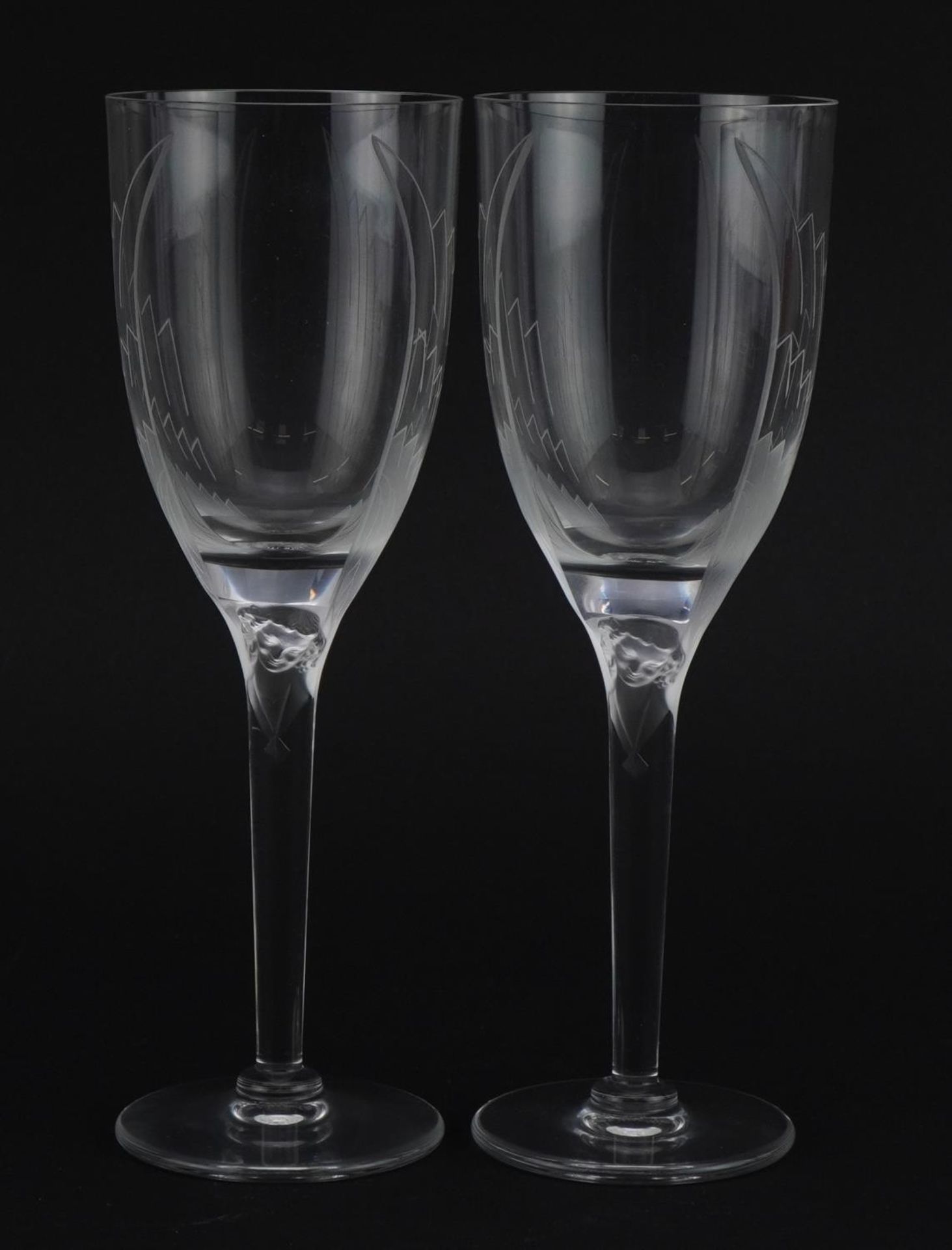 Lalique, pair of French frosted and clear glass Angel of Reins Champagne flutes with box, each - Image 3 of 7