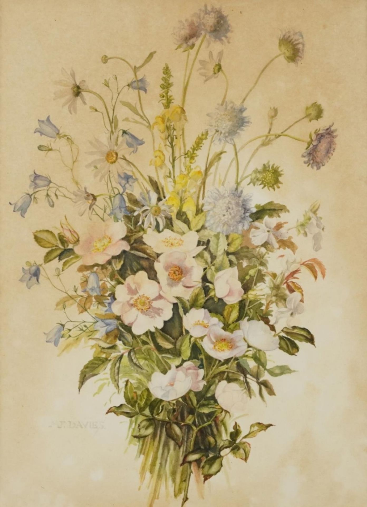 M F Davies - Still life bunch of wild flowers, early 20th century watercolour, mounted, framed and
