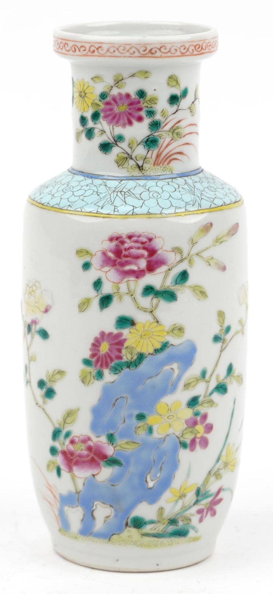 Chinese porcelain Rouleau vase hand painted in the famille rose palette with flowers, 20.5cm