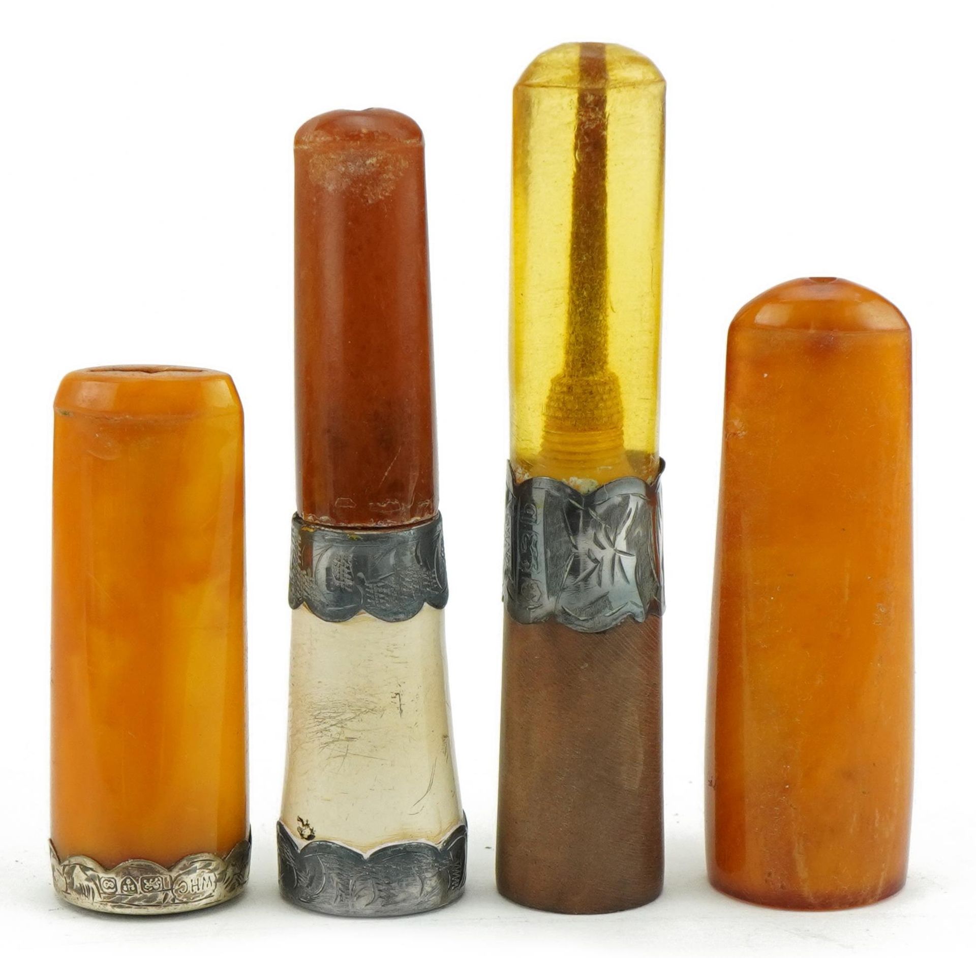 Four late 19th/early 20th century cigarette holders including two butterscotch amber examples, three - Image 2 of 4