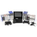 Sony PlayStation 2 slimline games console with three controllers, a Joytech SRS 7.2 inch monitor and