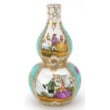In the manner of Meissen, German porcelain double gourd vase hand painted with panels of lovers