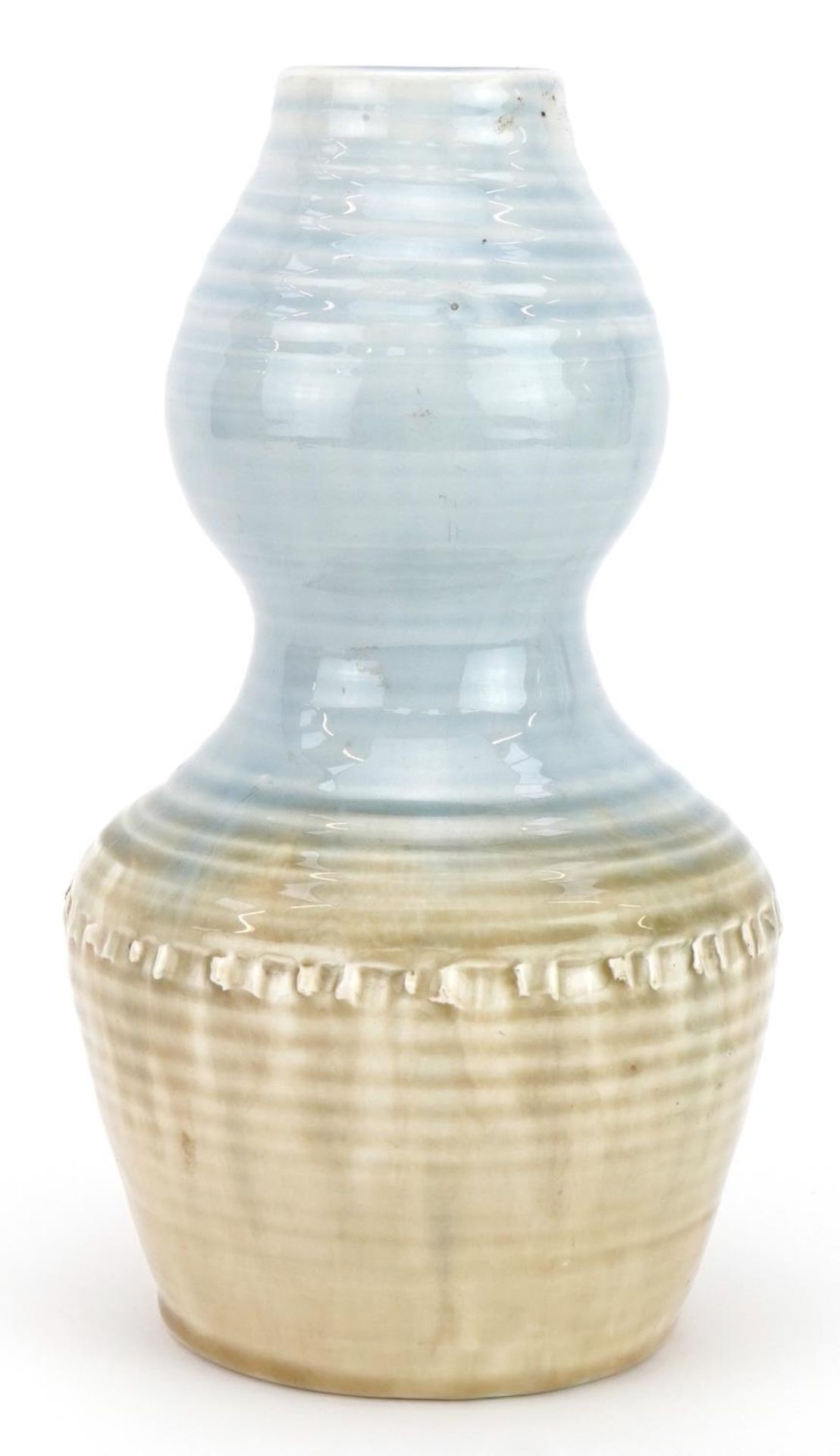 William Moorcroft double gourd vase having a pale blue and beige glaze from the Natural range, 23.