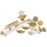 Sundry items including brass and mother of pearl extending opera glass handle, Estee Lauder solid