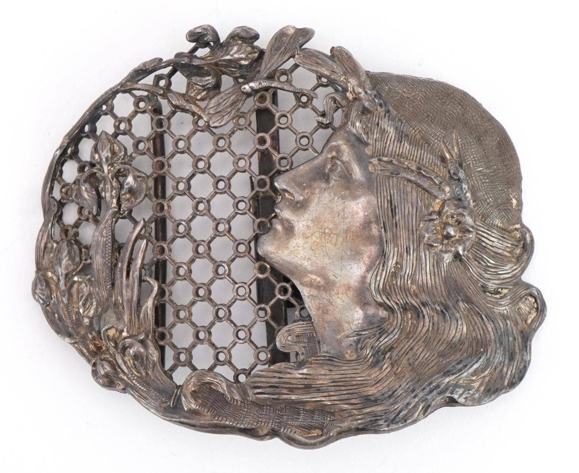 Arthur Johnson Smith, Art Nouveau silver buckle decorated in relief with maiden's head, dragonfly