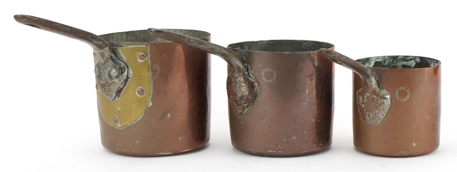 Three 19th century copper saucepans by Jones Bros, Downing Street, the largest 24.5cm in length : - Image 2 of 4