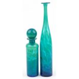 Mdina blue mottled art glass comprising a scent bottle and a large bottle vase, the large bottle