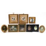 Portrait miniatures and courting couples including a pair of circular porcelain examples, the