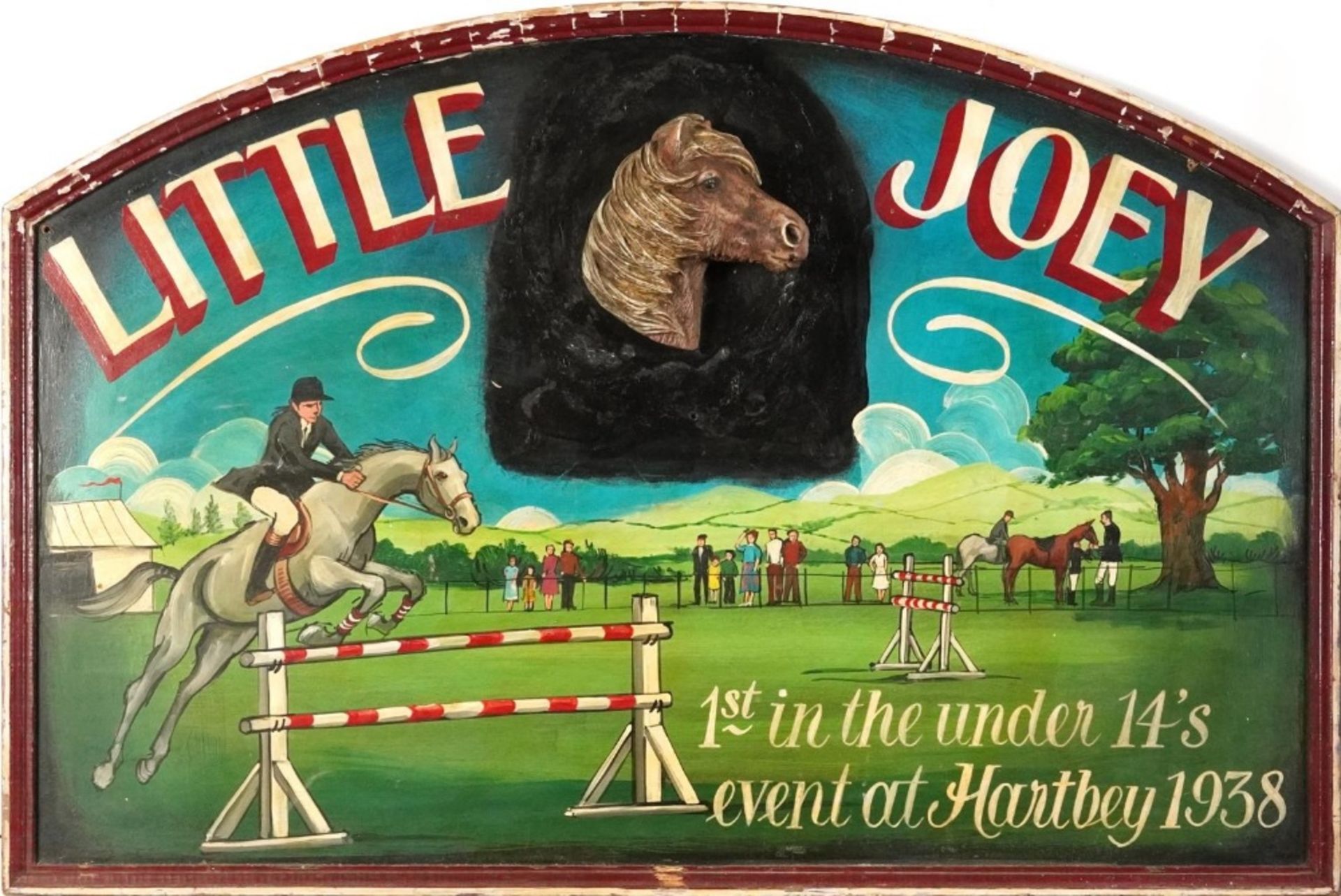 Equestrian interest painted wood plaque inscribed Little Joey with applied horse head, 91cm x 62cm :