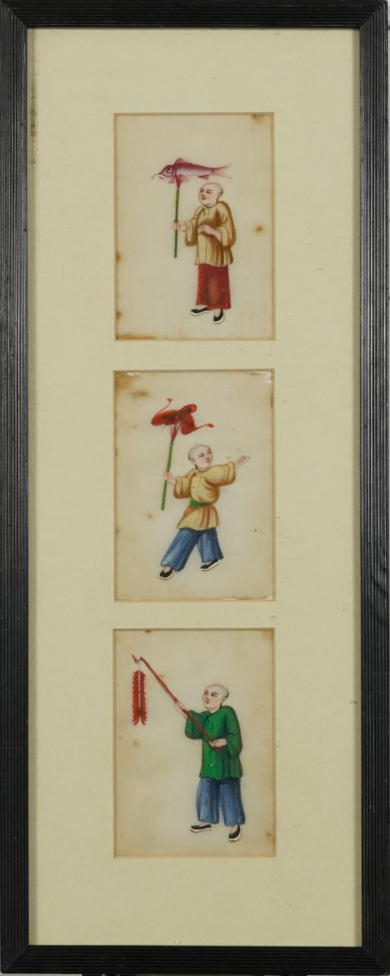 Children playing, set of six Chinese pith paper paintings, mounted, framed and glazed as two, each - Image 6 of 7
