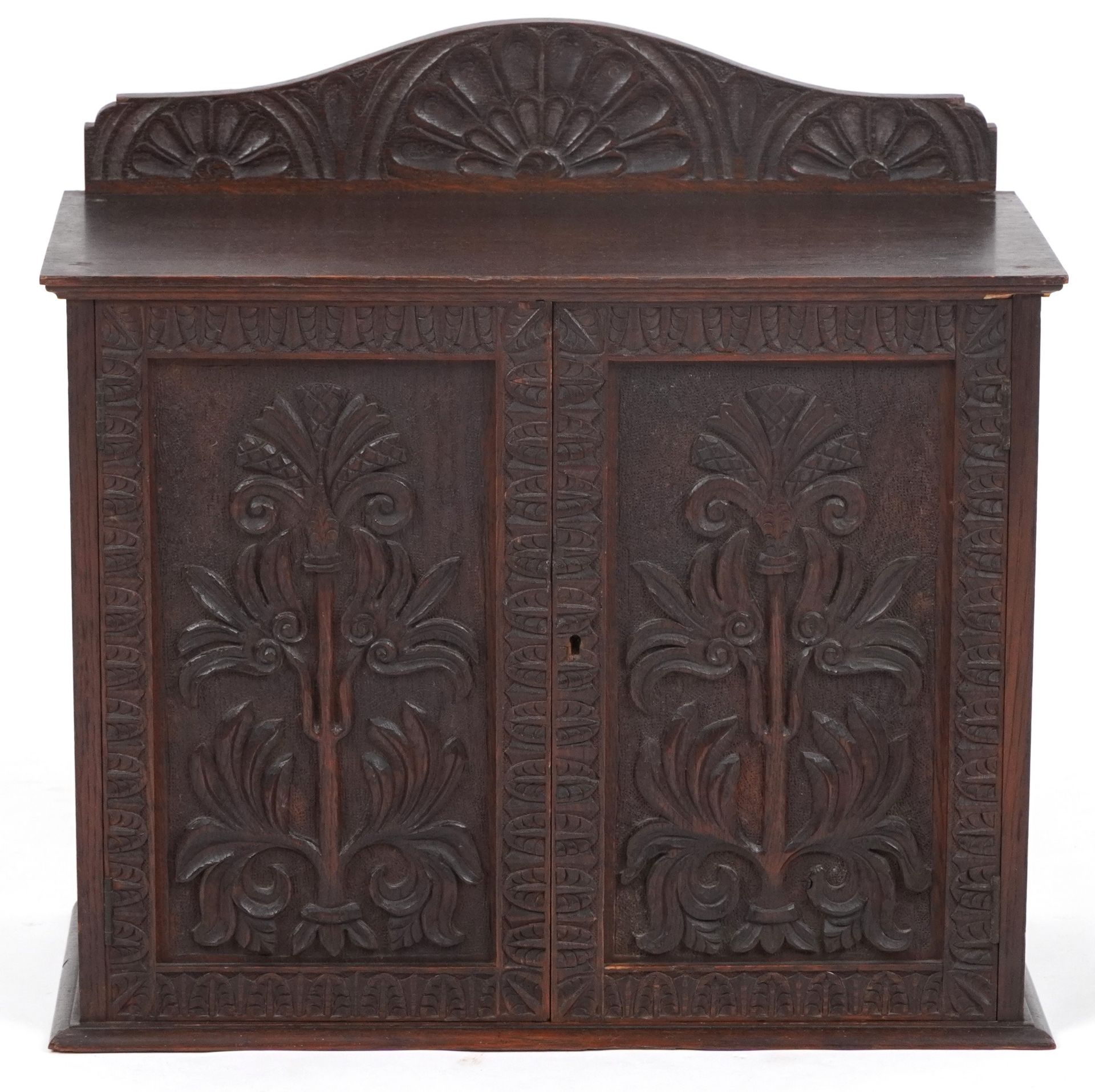 Oak wall hanging two door cupboard carved with stylised flowers, 54cm H x 55.5cm W x 26cm D : For - Image 2 of 4