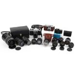 Collection of vintage and later cameras, lenses and attachments including Asahi Pentax SP1000,