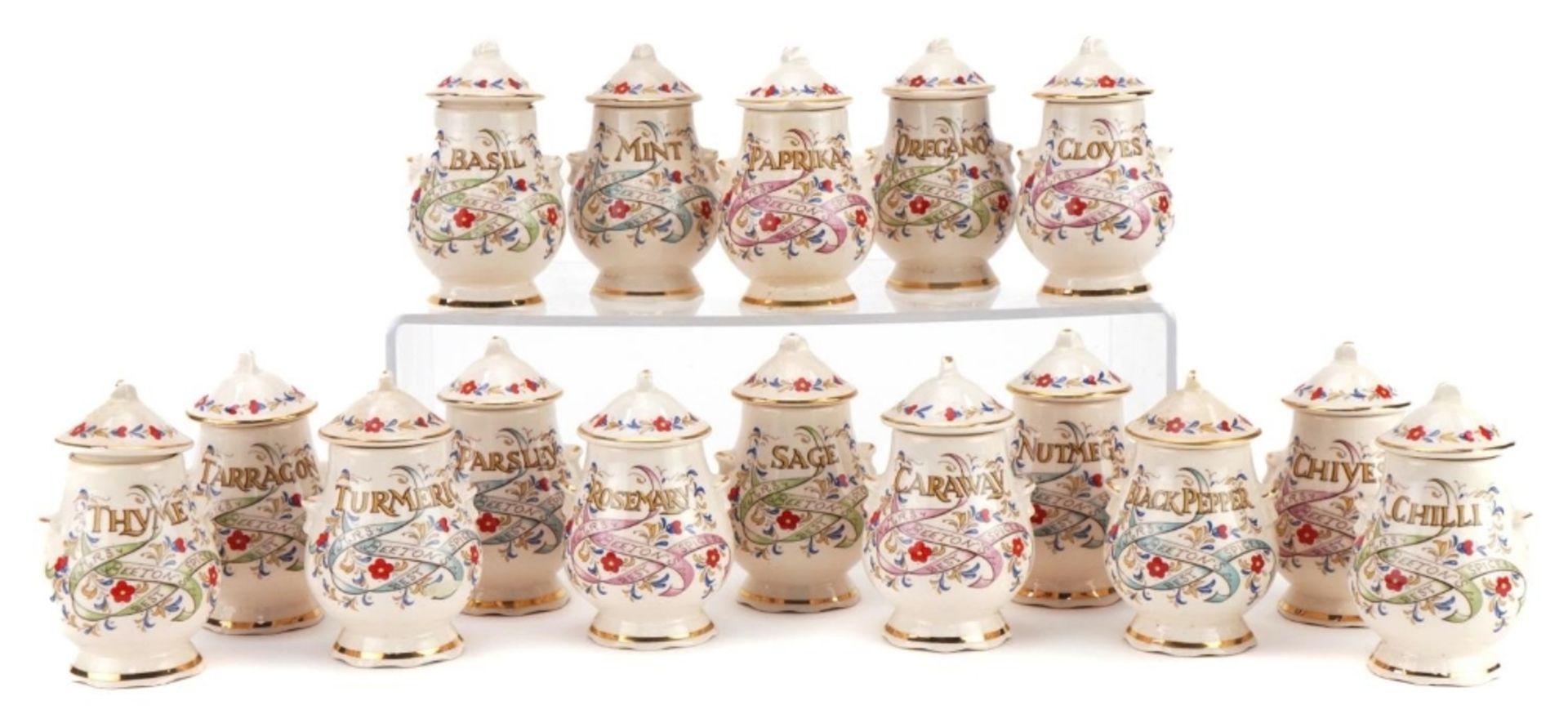 Set of sixteen Mason's Ironstone Mrs Beeton's Spices spice jars and covers by Compton & Woodhouse,