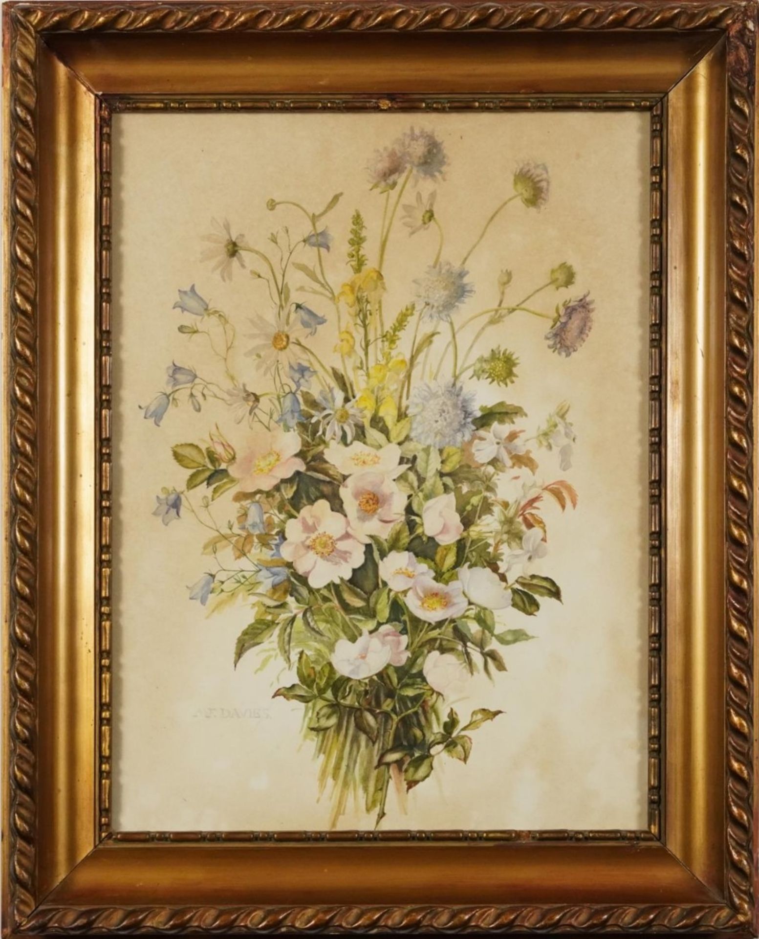 M F Davies - Still life bunch of wild flowers, early 20th century watercolour, mounted, framed and - Bild 2 aus 4