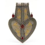Tribal interest Turkmen white metal talisman engraved with foliage, 19cm high : For further