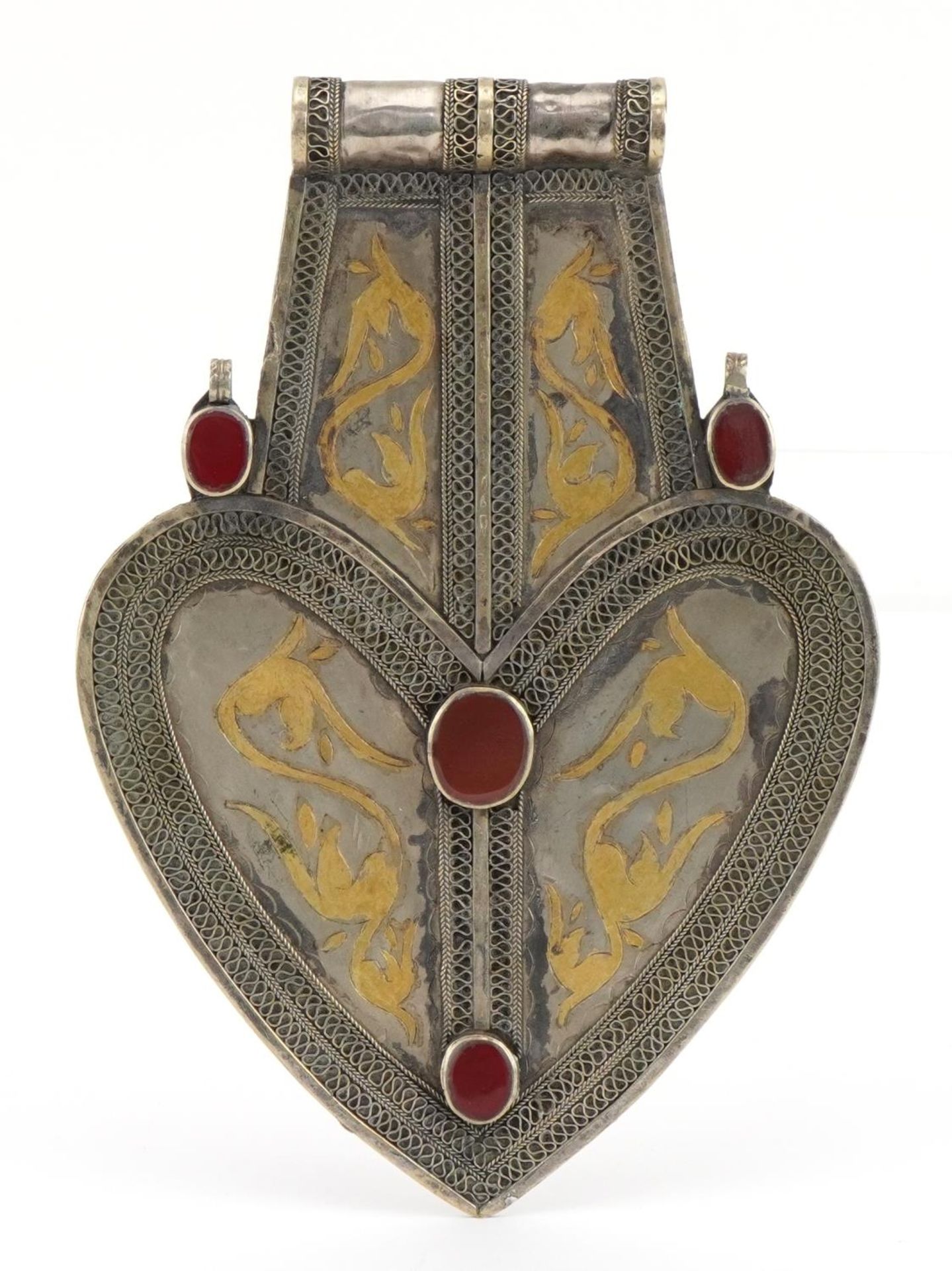Tribal interest Turkmen white metal talisman engraved with foliage, 19cm high : For further