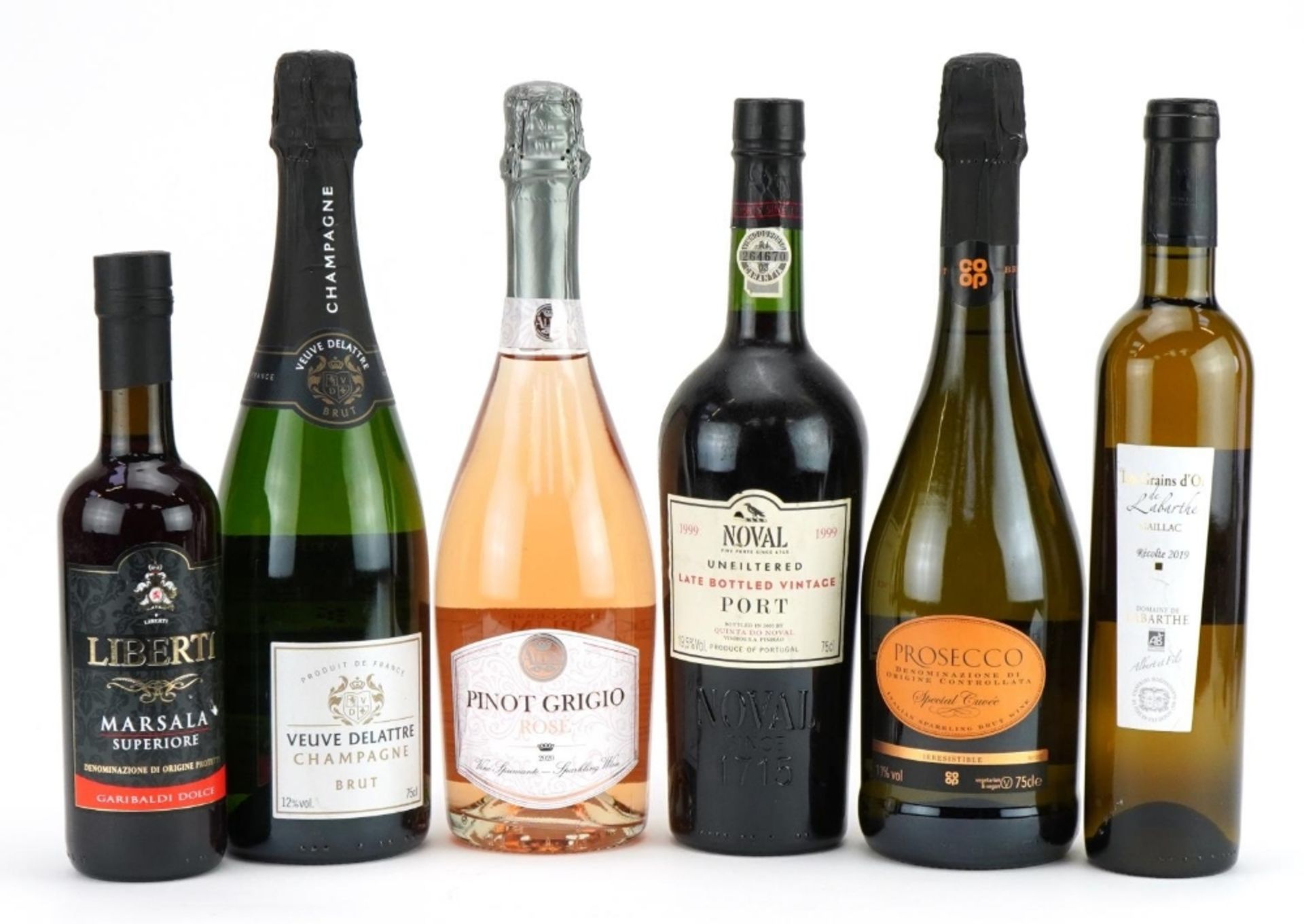 Six bottles of alcohol including 1999 Noval late bottled vintage port, Veuve Delattre Champagne