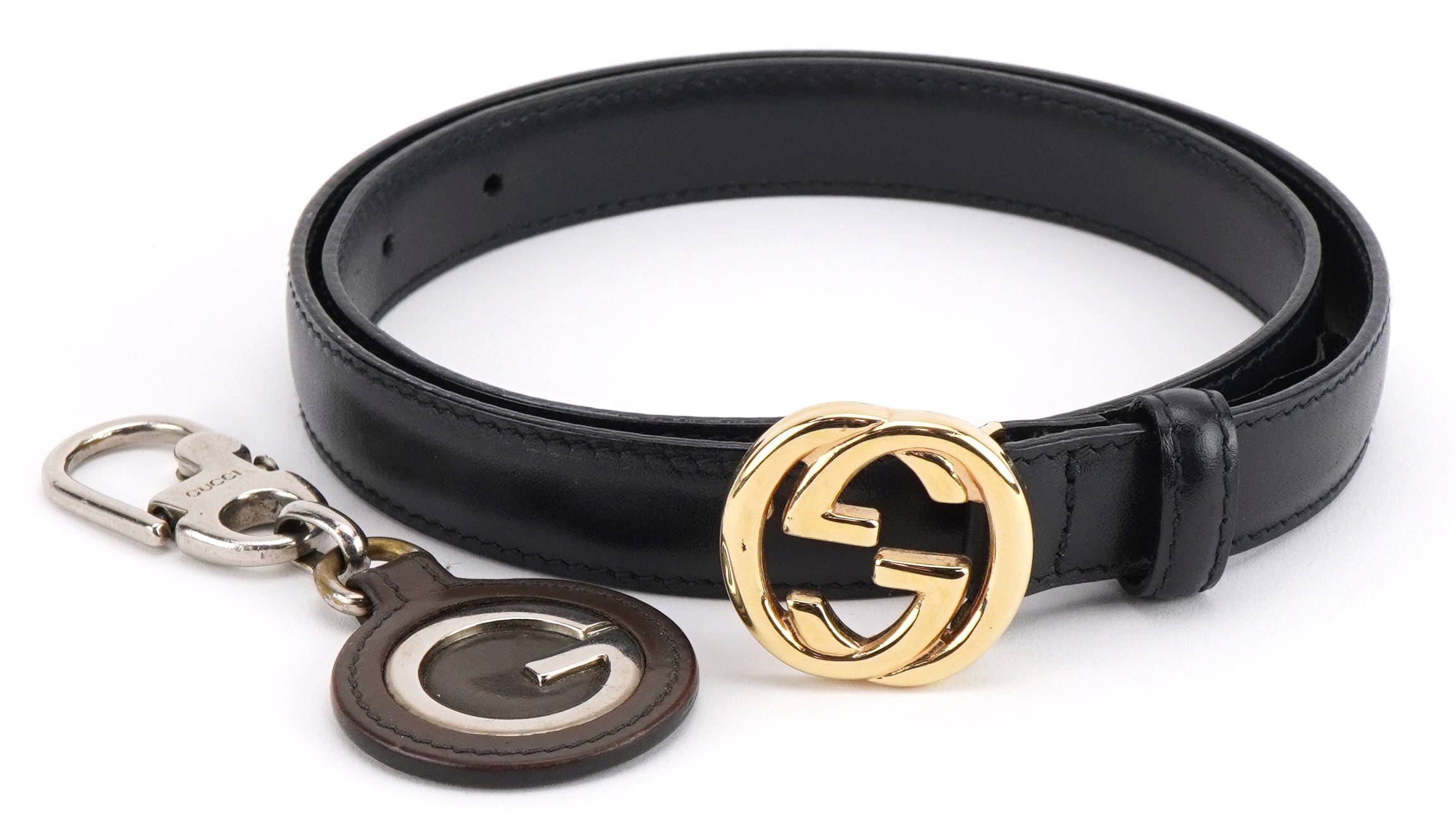 Gucci, ladies black leather Monogram leather belt and Gucci keyring : For further information on