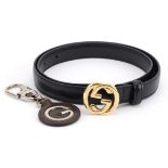 Gucci, ladies black leather Monogram leather belt and Gucci keyring : For further information on