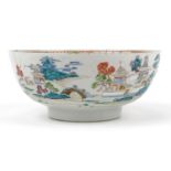 Large Chinese porcelain footed bowl hand painted in the famille rose palette with a continuous river