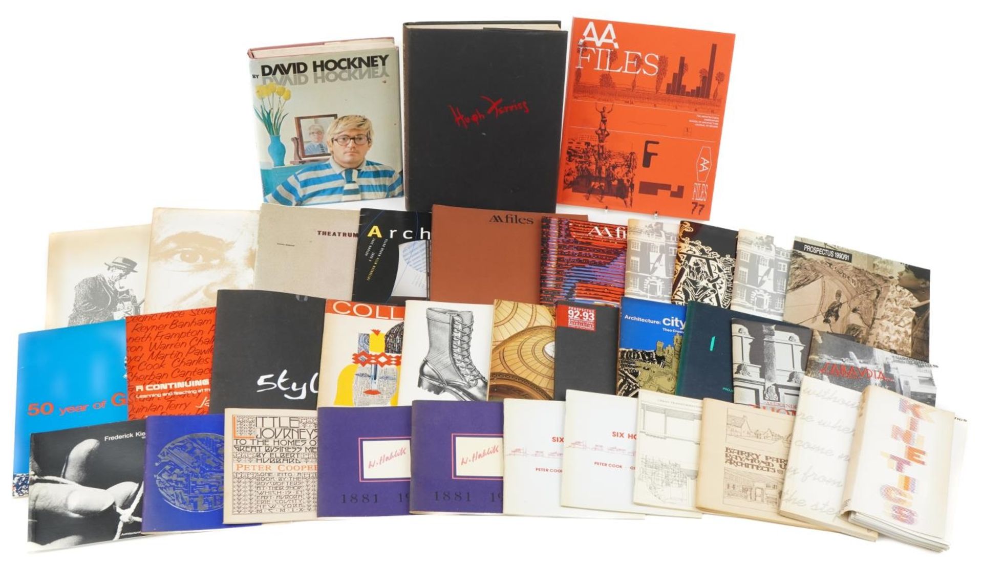 Collection of architectural and related books including David Hockney by David Hockney, Kinetics and