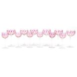 Two sets of six wine glasses with etched and cranberry decoration, the largest each 14cm high :