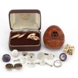 Japanese Kobe doll with four bone dice and various cufflinks including one 9ct gold and mother of