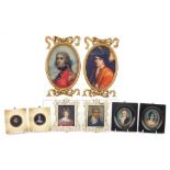 Four pairs of portrait miniatures including gentleman in military dress, each framed, the largest