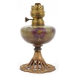 Art Nouveau gilt metal oil lamp with porcelain reservoir hand painted with flowers and Matador