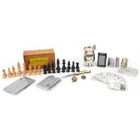 Sundry items including a French chess set, silver plated cigarette case, silver plated vesta and