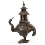 Chinese partially gilt bronze three section incense burner in the form of a mythical bird, 47cm high