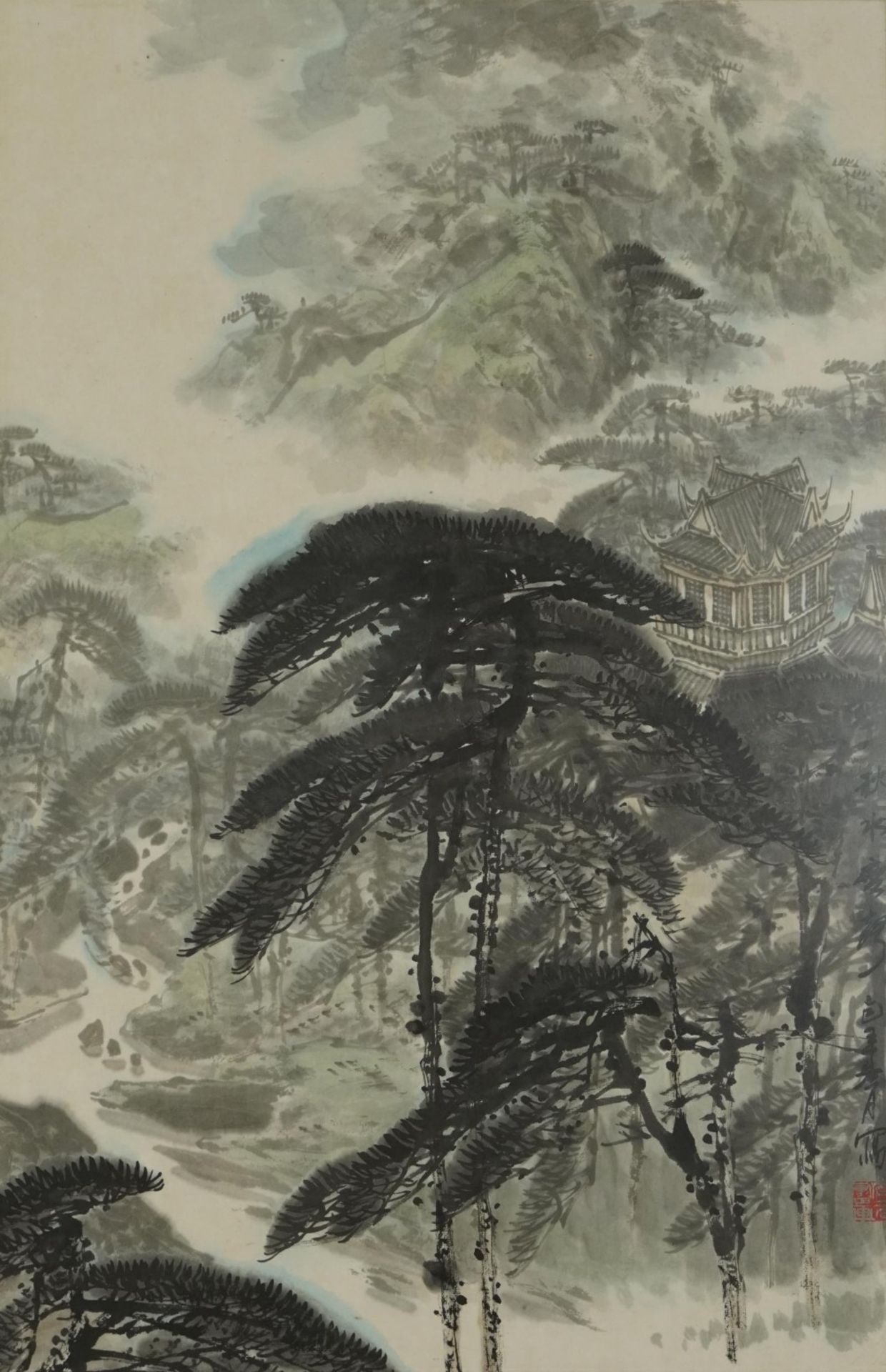 Mountainous landscape with trees and pagoda, Chinese watercolour with character marks and red seal