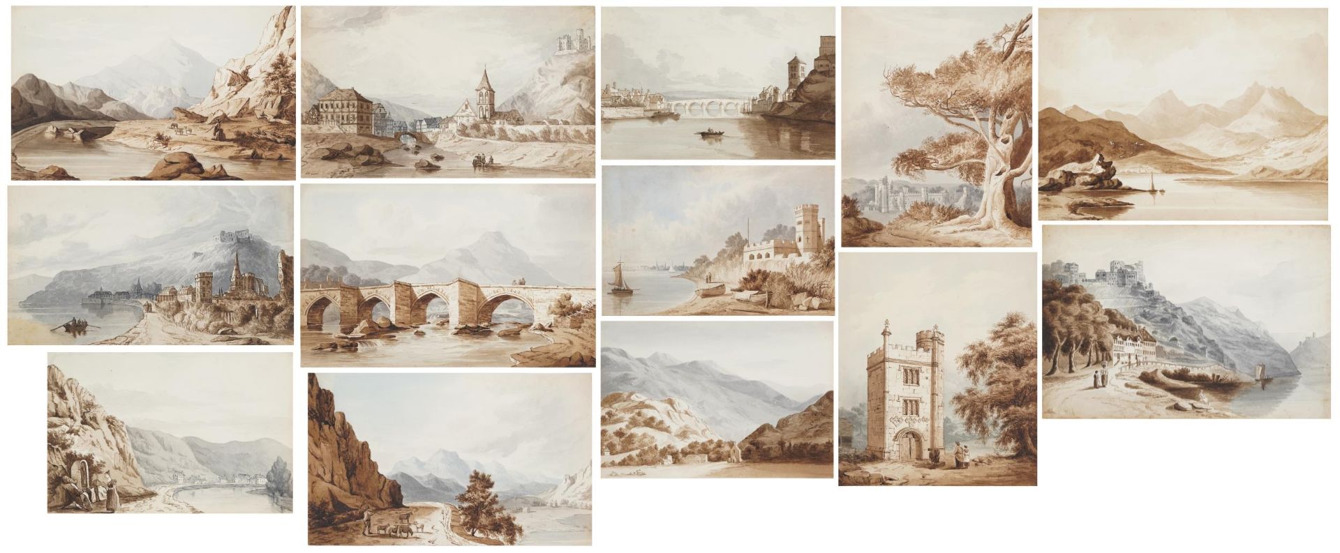 Thirteen 19th century and later ink and watercolours, some inscribed in pencil verso including