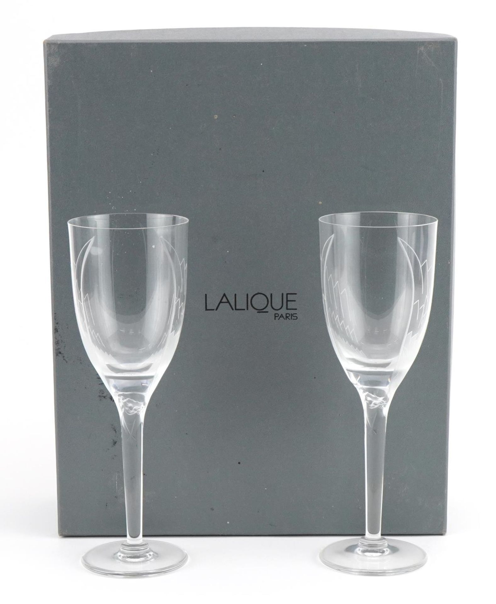 Lalique, pair of French frosted and clear glass Angel of Reins Champagne flutes with box, each - Image 2 of 7