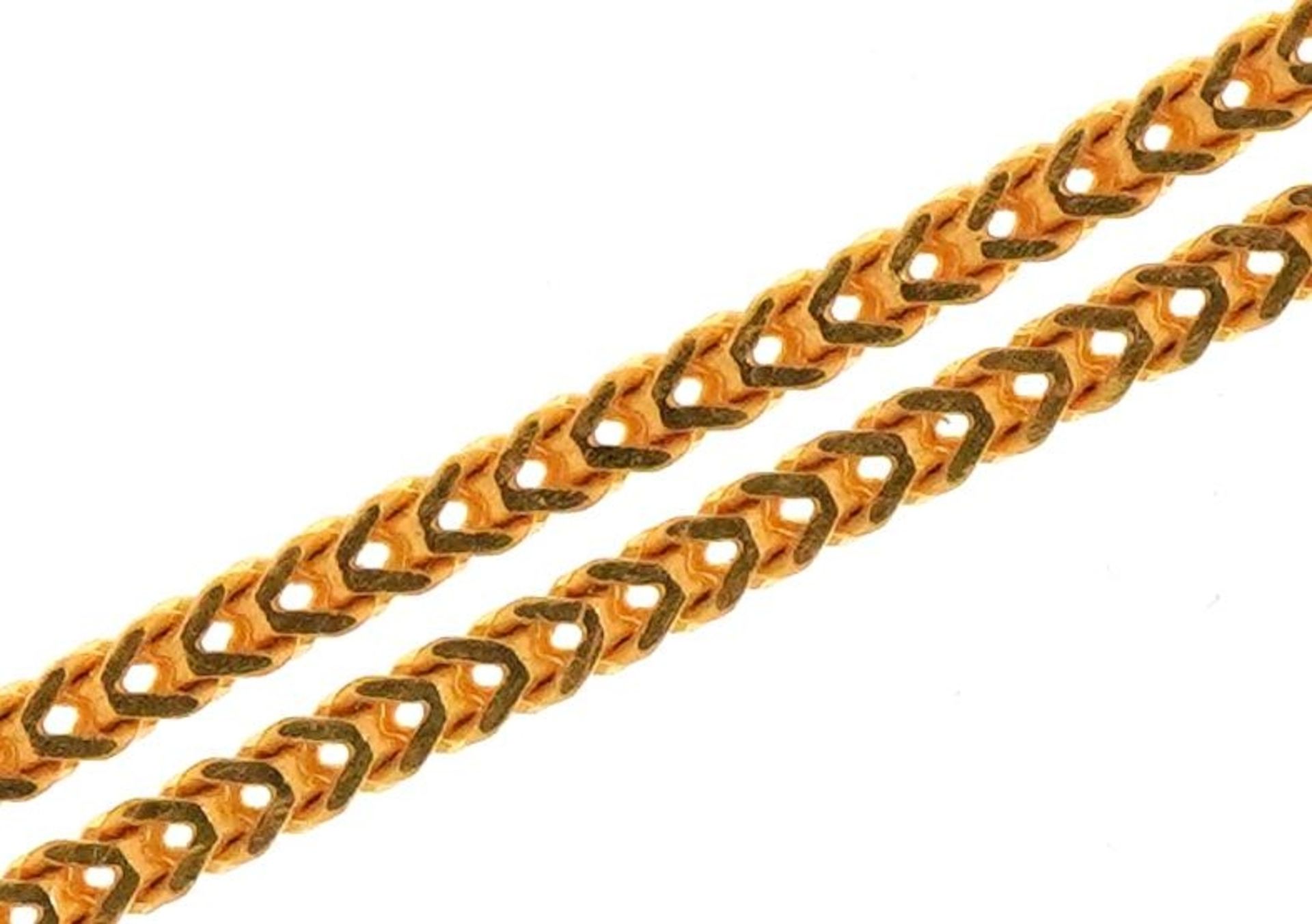 Turkish unmarked gold multi link necklace, tests as 22ct gold, 44.5cm in length, 4.9g : For