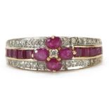 9k gold ruby and diamond three tier flower head ring, size Q, 3.0g : For further information on this