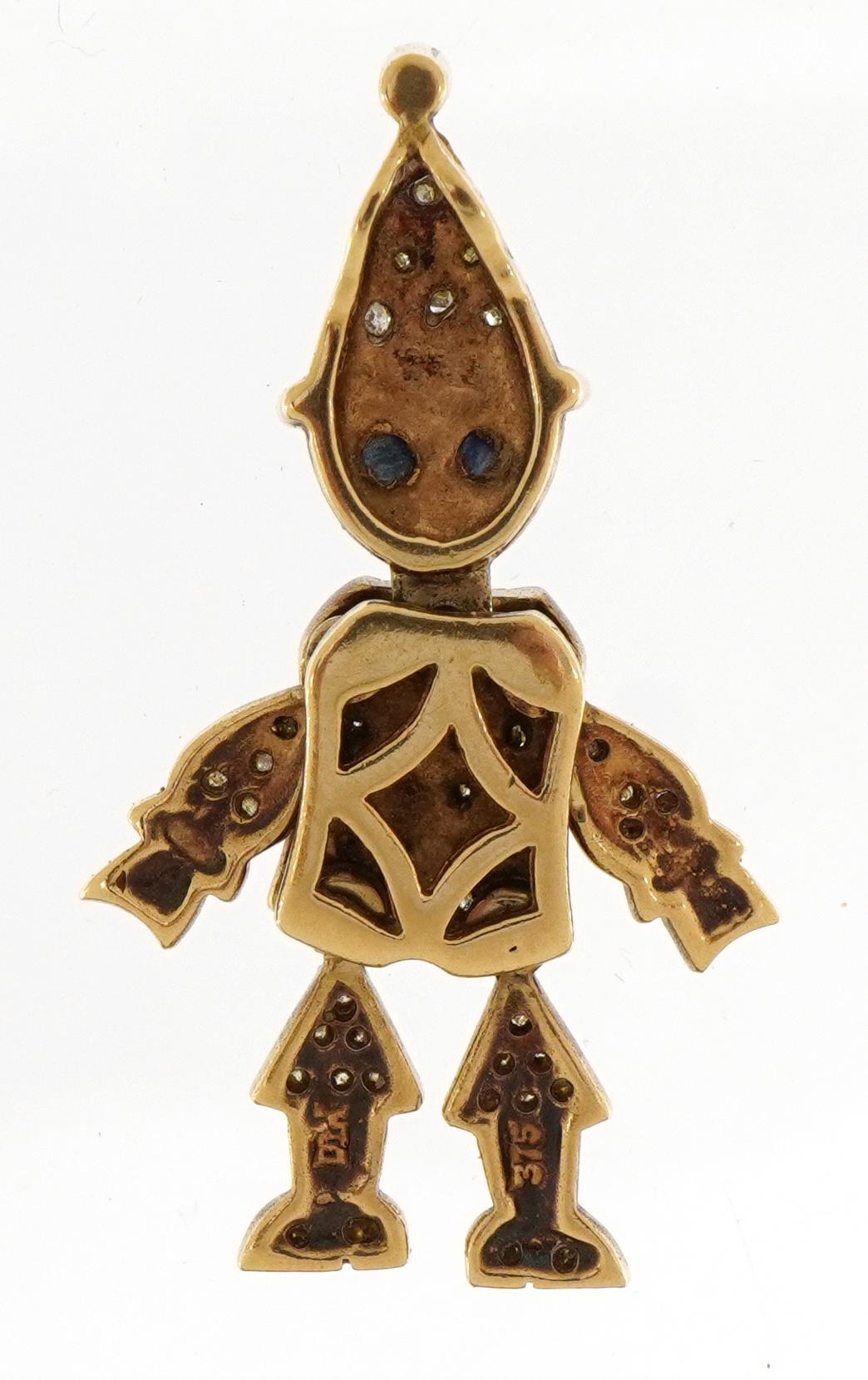 9ct gold diamond clown pendant with sapphire set eyes and articulated limbs, 3.6cm high, 4.9g : - Image 2 of 3