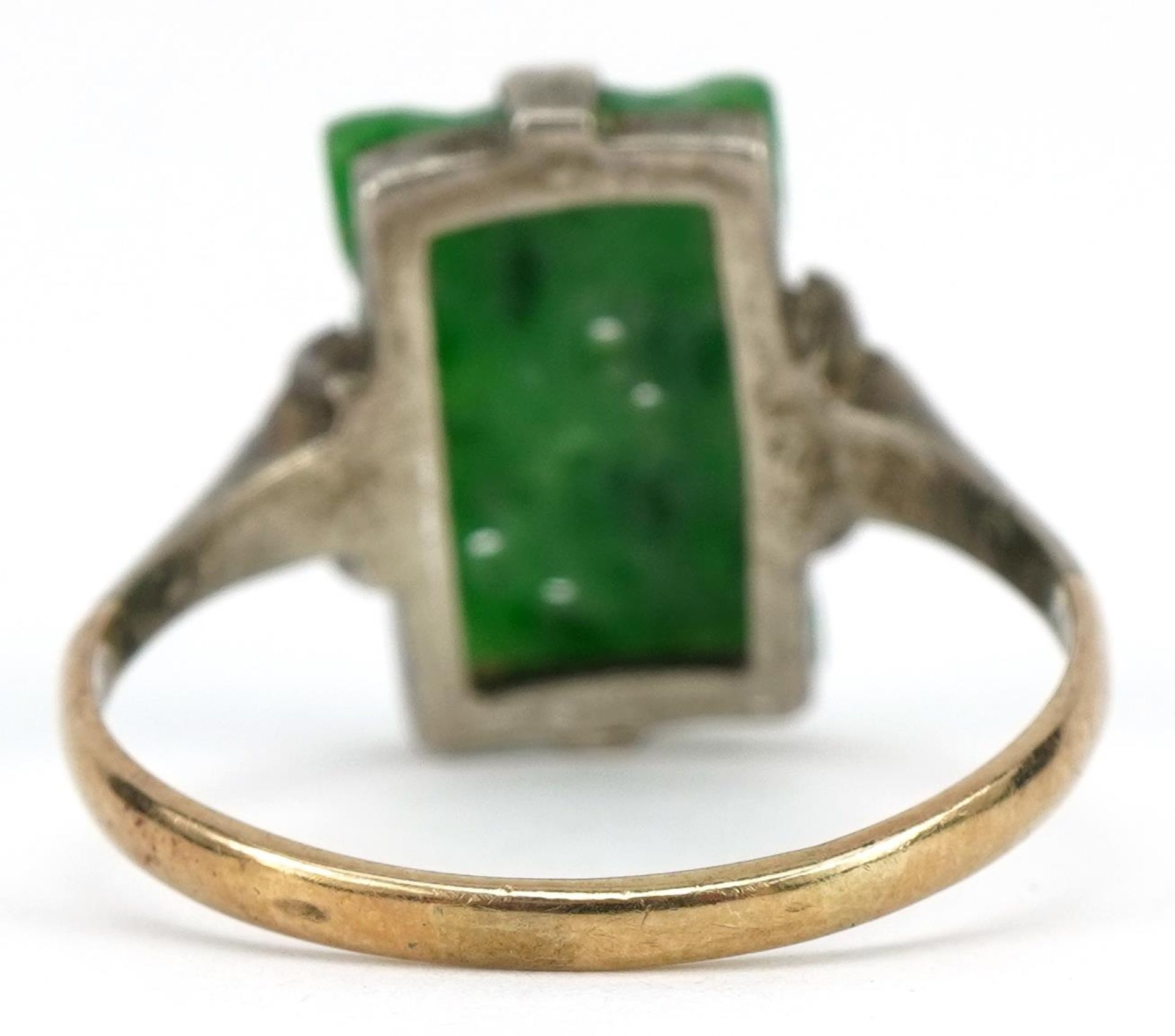9ct gold and silver carved jade ring, the jade approximately 13.7mm x 9.1mm, size Q/R, 2.8g : For - Image 2 of 4