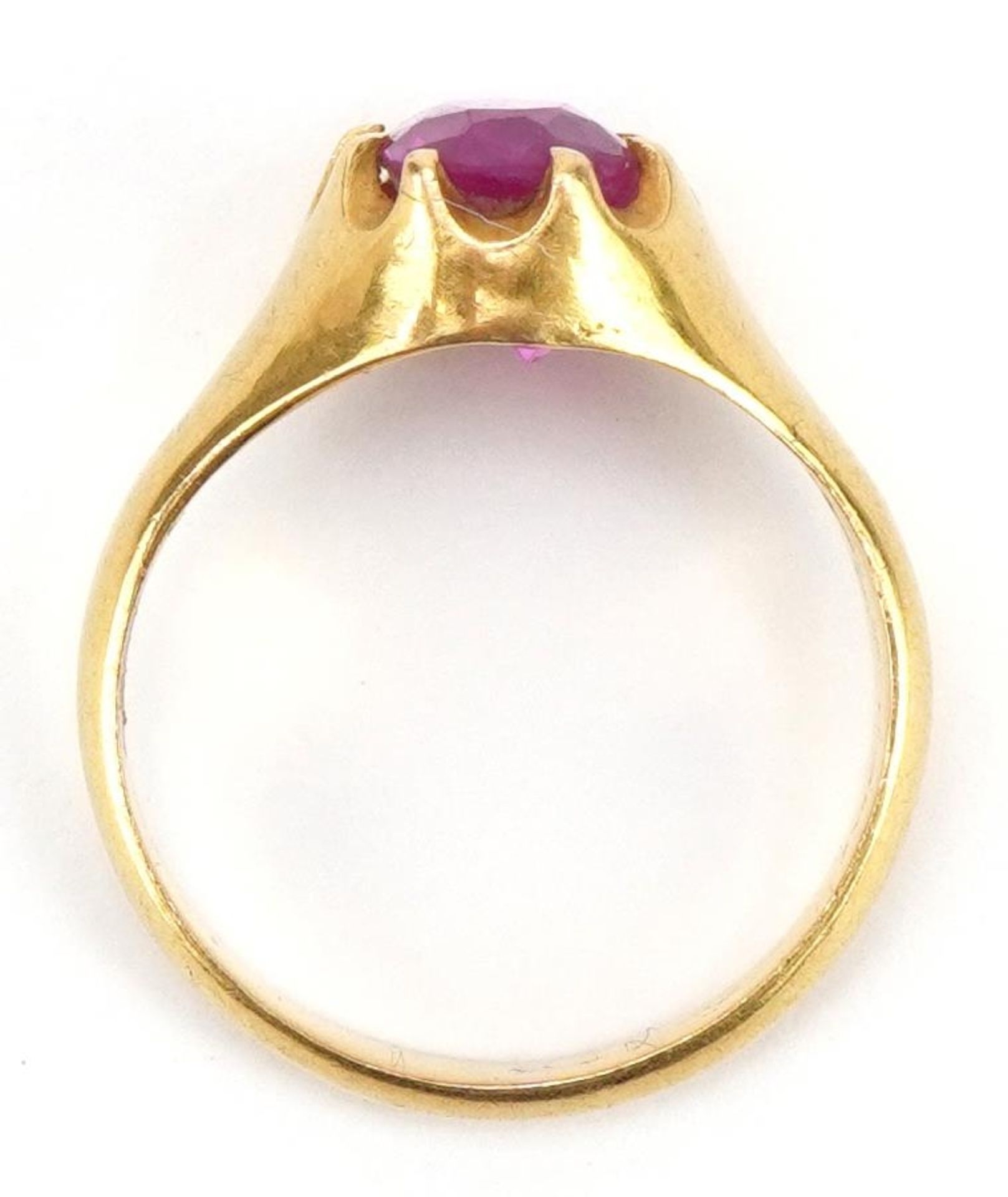 Unmarked gold ruby solitaire ring possibly Indian, tests as 22ct gold, the ruby approximately 10.1mm - Image 3 of 3